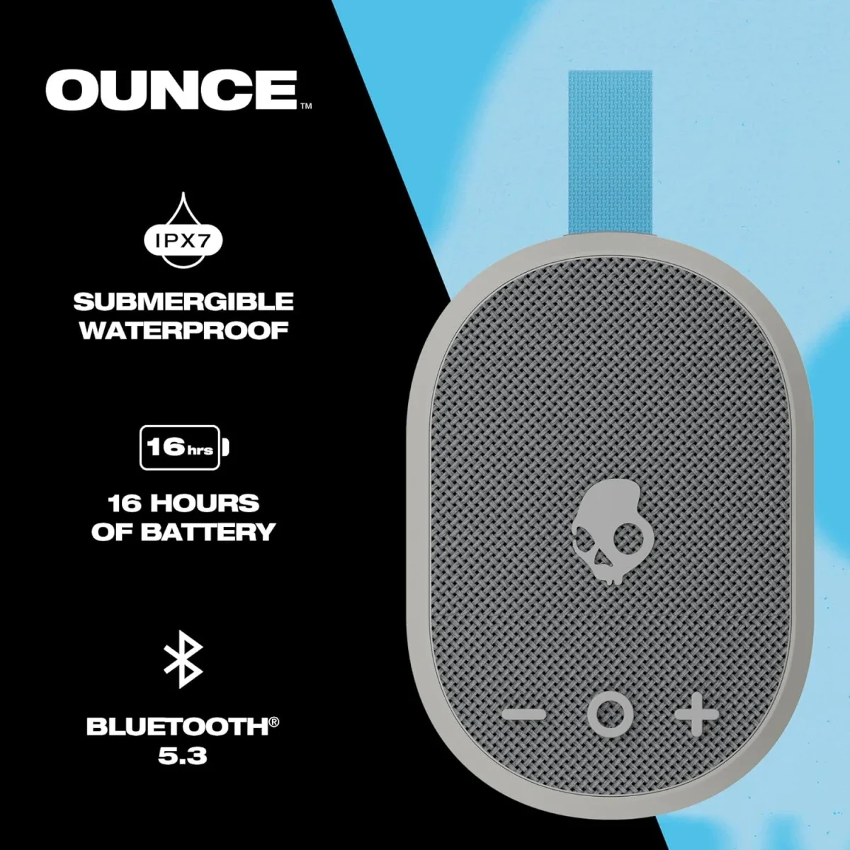 مكبر صوت صغير محمول Skullcandy Ounce لاسلكي بتقنية Bluetooth، مقاوم للماء IPX7، بطارية 16 ساعة - رمادي فاتح - Thumbnail 4
