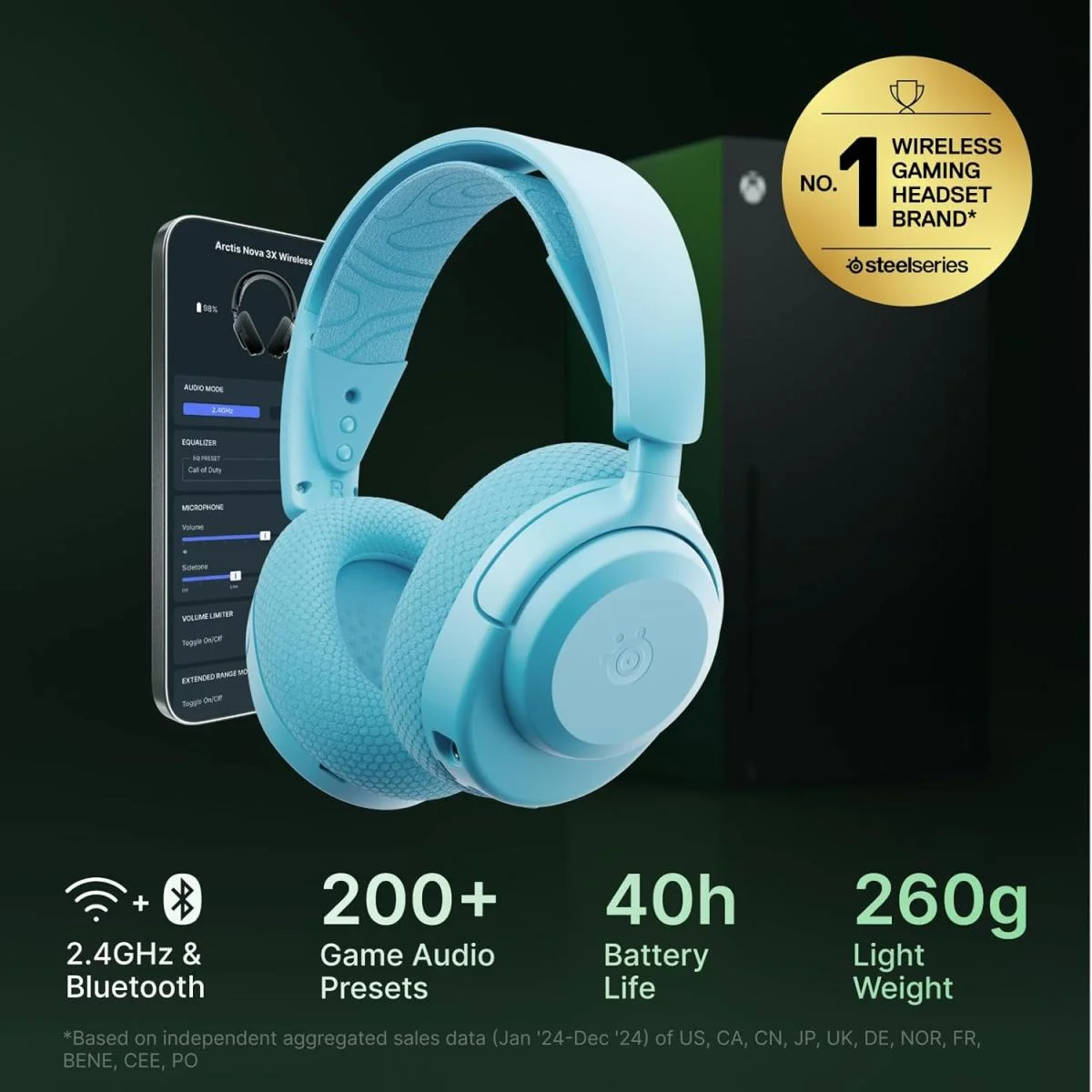 سماعة ألعاب SteelSeries Arctis Nova 3X لاسلكية بتقنية 2.4GHz وBluetooth وبطارية حتى 40 ساعة - Aqua - Thumbnail 4