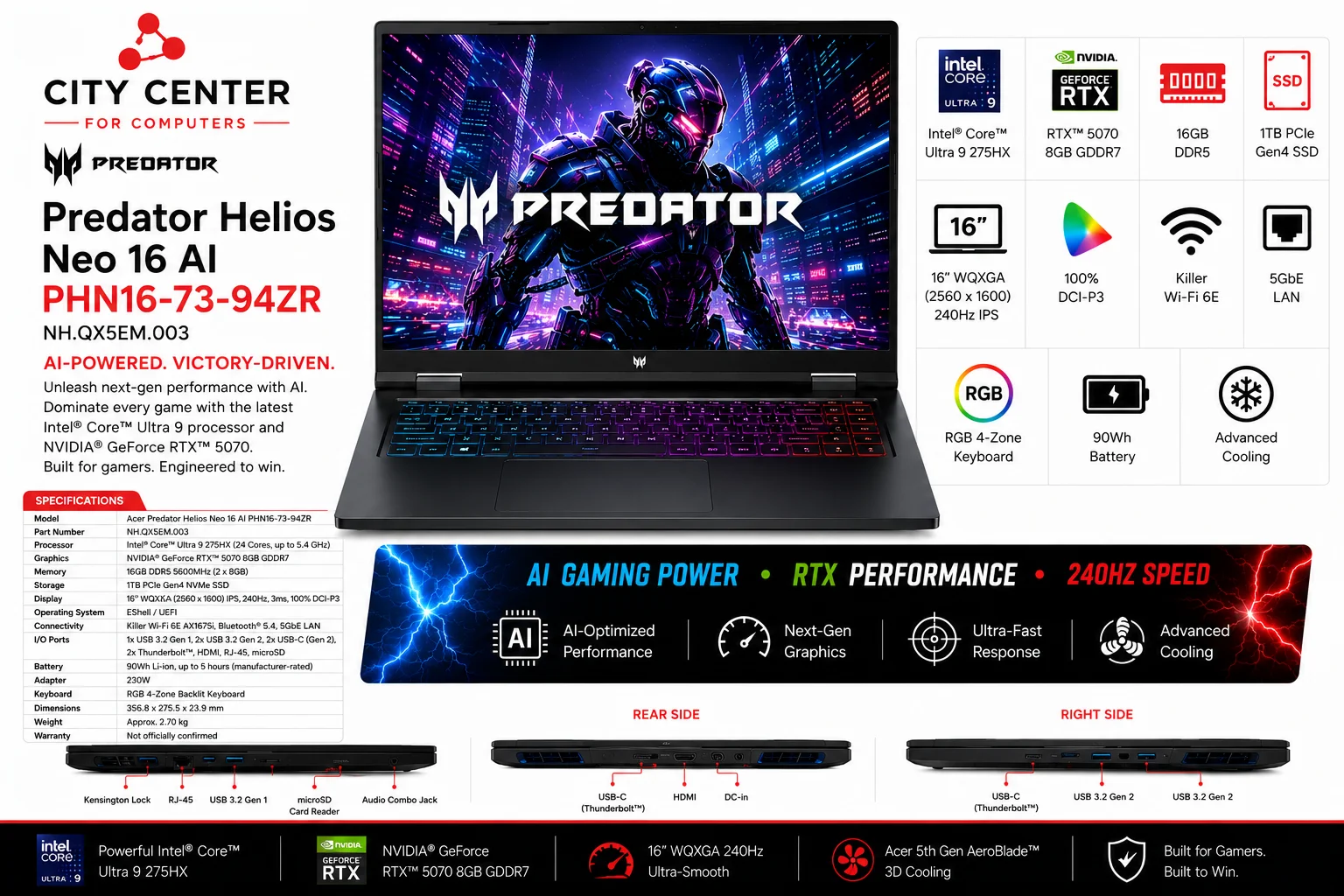 Acer Predator Helios Neo 16 AI PHN16-73-94ZR Gaming Laptop Intel Core Ultra 9 275HX RTX 5070 16GB RAM 1TB SSD 16-Inch 240Hz NH.QX5EM.003 - Thumbnail 9