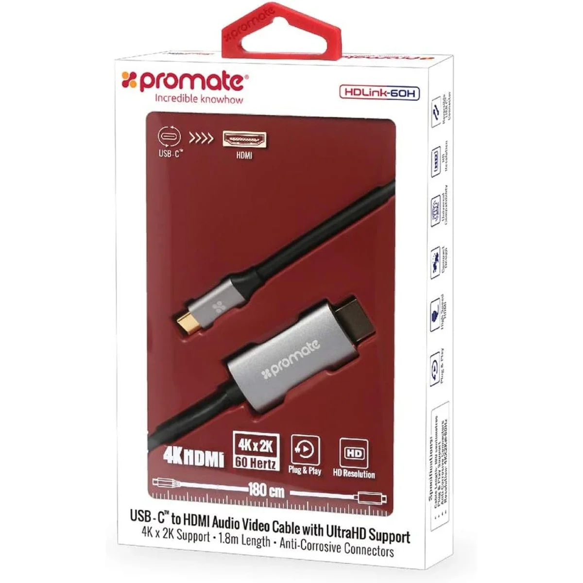 كابل Promate HDLink-60H من USB-C إلى HDMI بدقة 4K 60Hz بطول 1.8 متر، رمادي