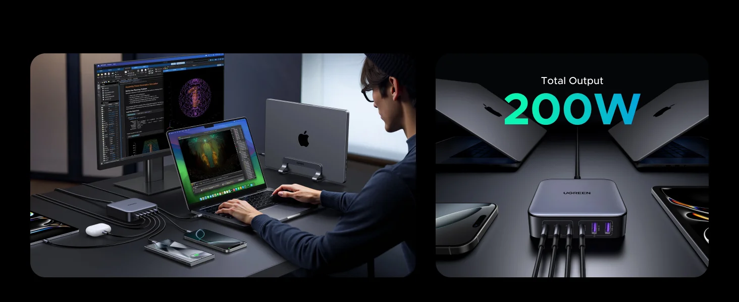 محطة شحن مكتبية Ugreen Nexode بقدرة 200 واط GaN و6 منافذ USB-C - رمادي - Thumbnail 16