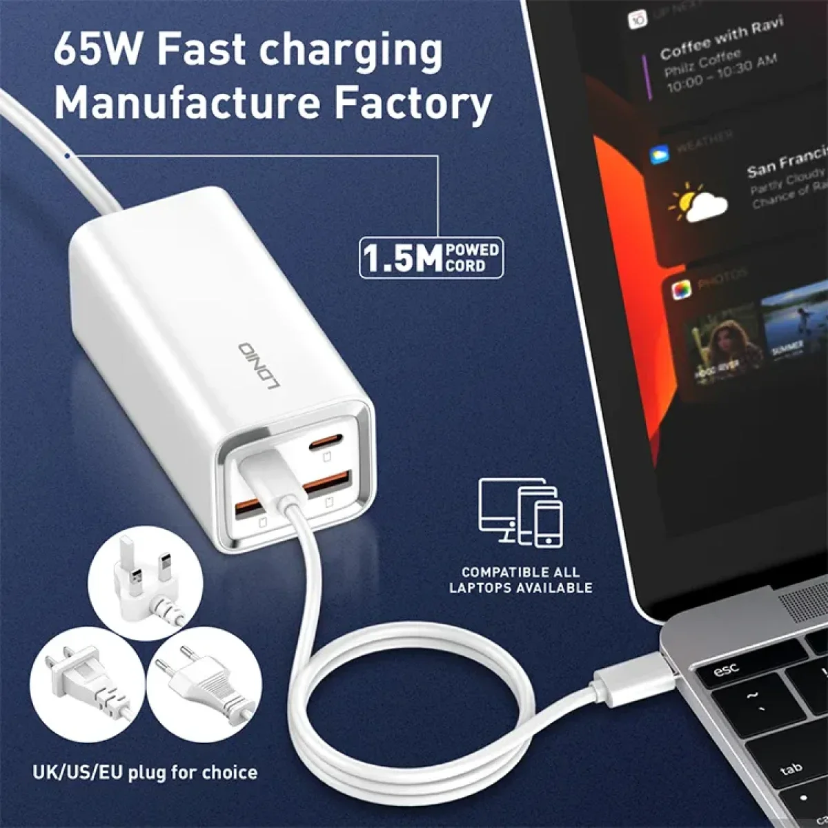 شاحن LDNIO A4610C سريع 65 واط بأربعة منافذ USB وUSB-C - أبيض - Thumbnail 4