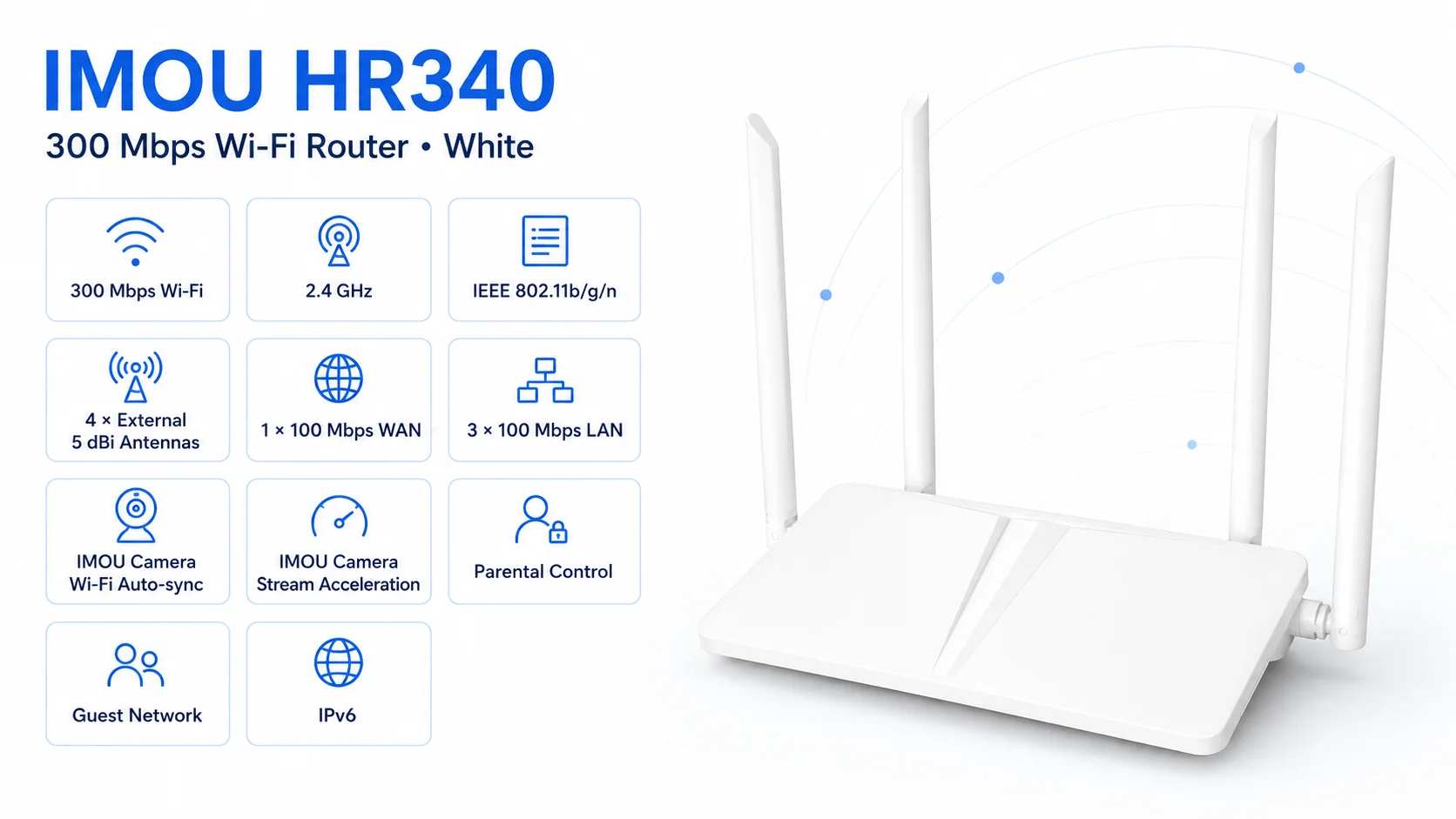IMOU HR340 300Mbps 2.4GHz Wi-Fi Router with 4 External Antennas - White - Image 5