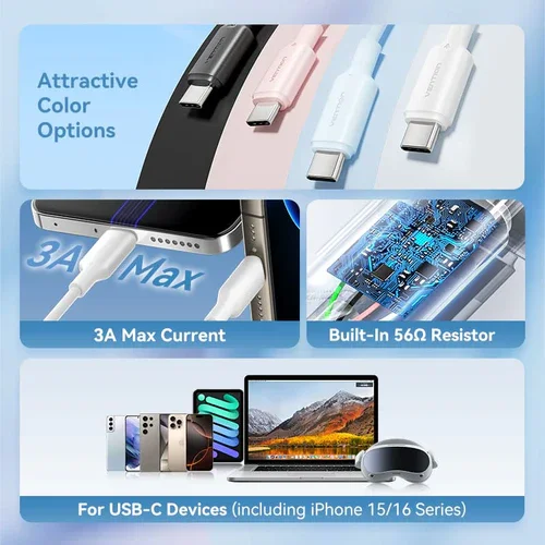 كيبل Vention USB 2.0 من USB-A ذكر إلى USB-C ذكر، 3A، 1.5 متر، أبيض - Thumbnail 3