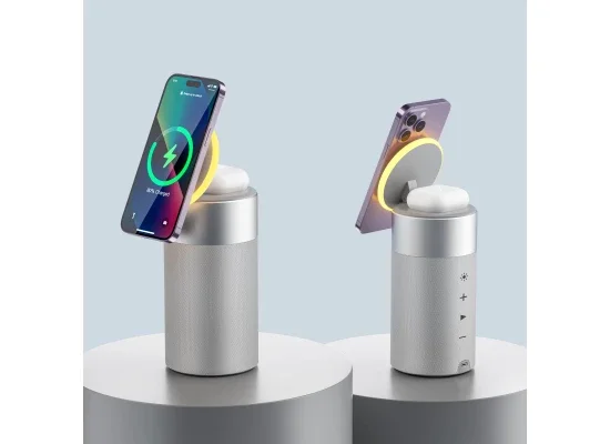 WIWU WI-W022 3-in-1 Wireless Charger with Bluetooth Speaker, Ambient Light, 15W - White - Image 7