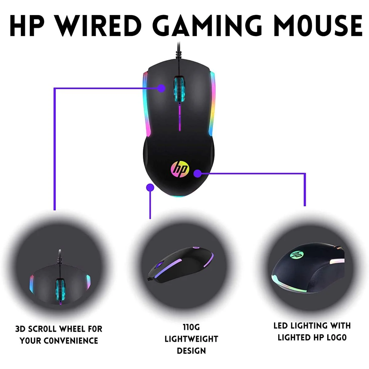 ماوس ألعاب HP M160 سلكي USB بإضاءة RGB ومستشعر بصري 1000 DPI - Image 2