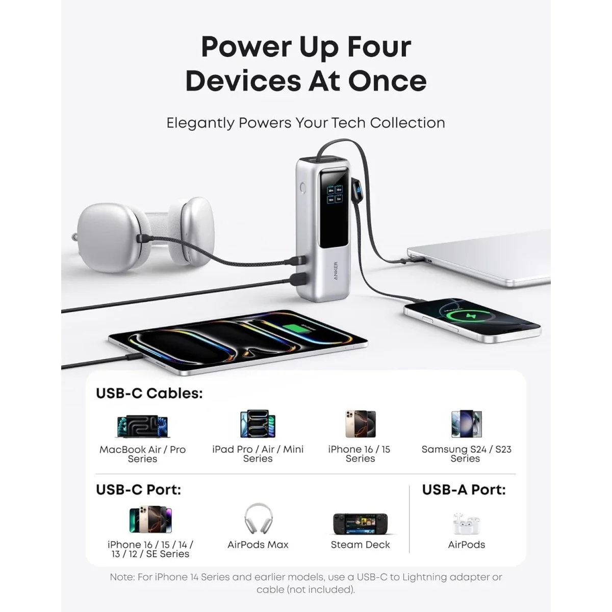 باور بانك Anker Zolo 165W بسعة 25,000mAh شاحن محمول مع 3 منافذ USB-C بقدرة 100W وكابلات مدمجة وقابلة للسحب - Silver - Image 4