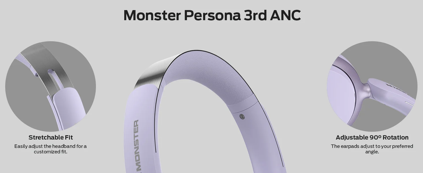 سماعات رأس لاسلكية فوق الأذن Monster Persona 3rd بإلغاء ضوضاء نشط وميكروفون، تشغيل 70 ساعة - بنفسجي - Thumbnail 12
