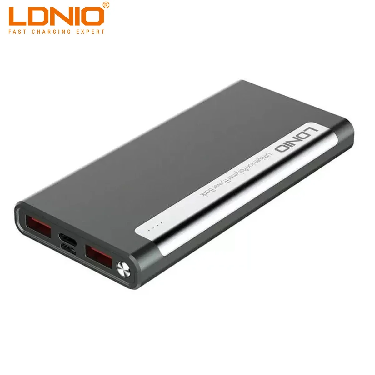 بطارية محمولة LDNIO PQ1019 فائقة النحافة بمنفذي USB سعة 10000mAh رمادي