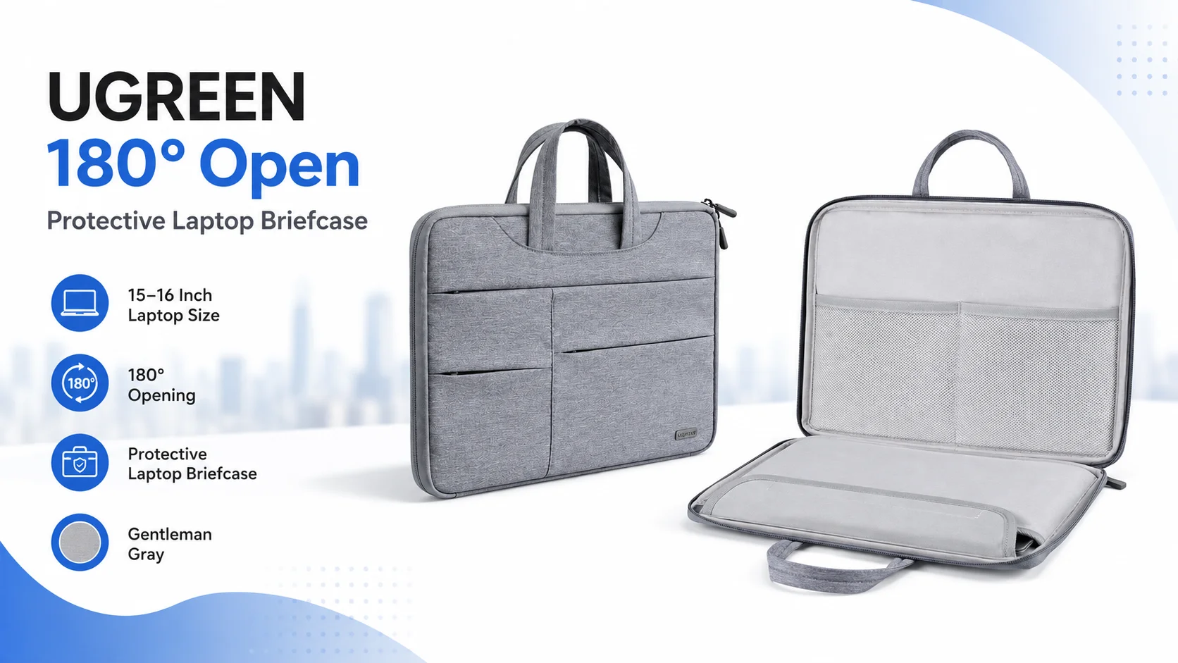 Ugreen 180° Open Protective Laptop Briefcase for 15–16 Inch Laptops - Gentleman Gray - Thumbnail 10