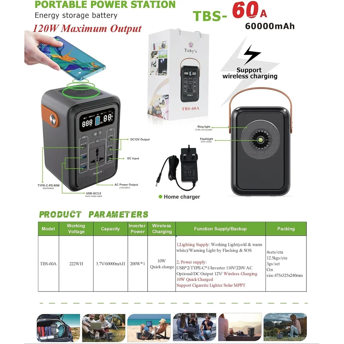 محطة طاقة محمولة Toby's TBS-60A بسعة 60000mAh و222Wh وقدرة 150W باللون الأسود - Thumbnail 6