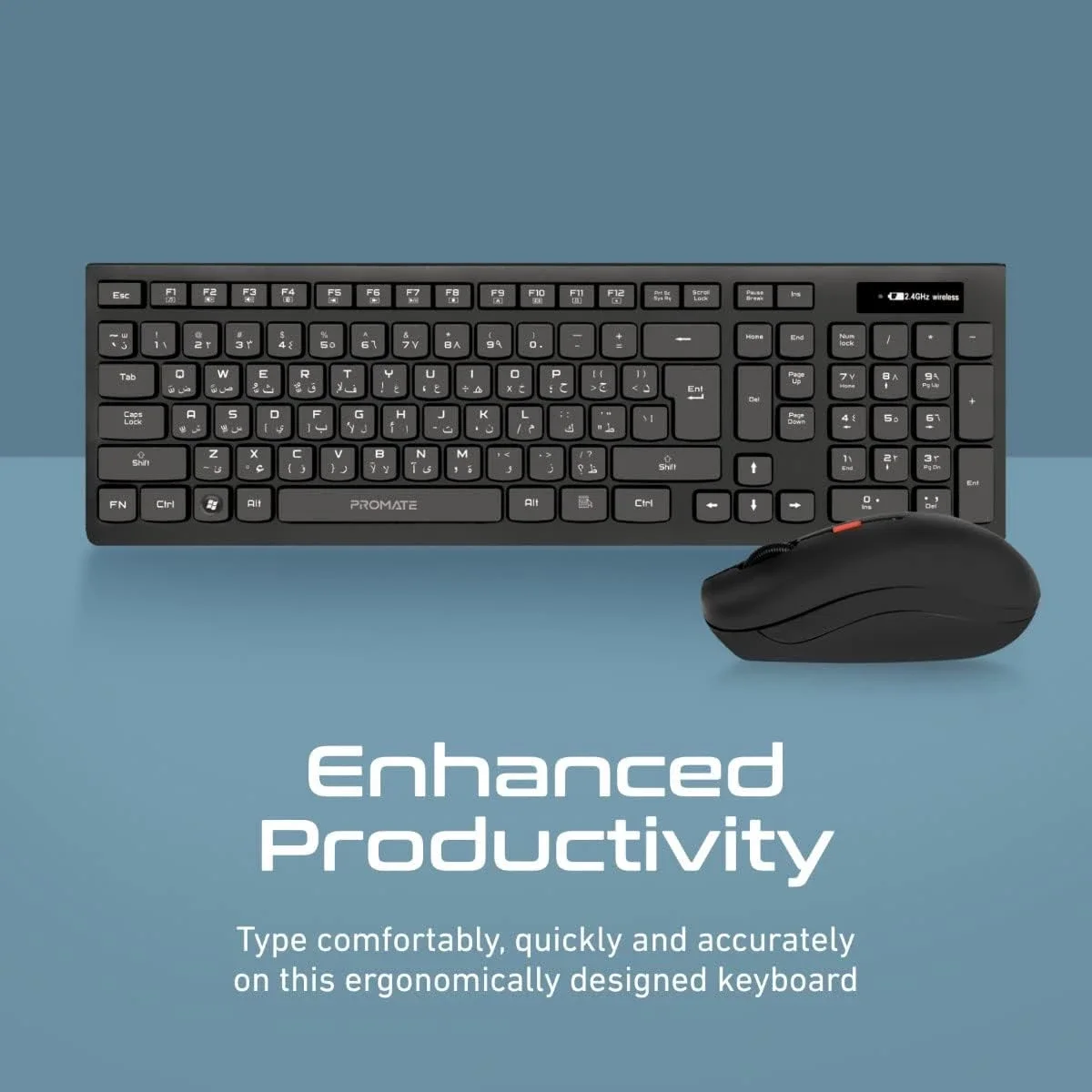 Promate ProCombo-12 Wireless Arabic/English Keyboard & Mouse Combo with Nano USB Receiver - Thumbnail 2
