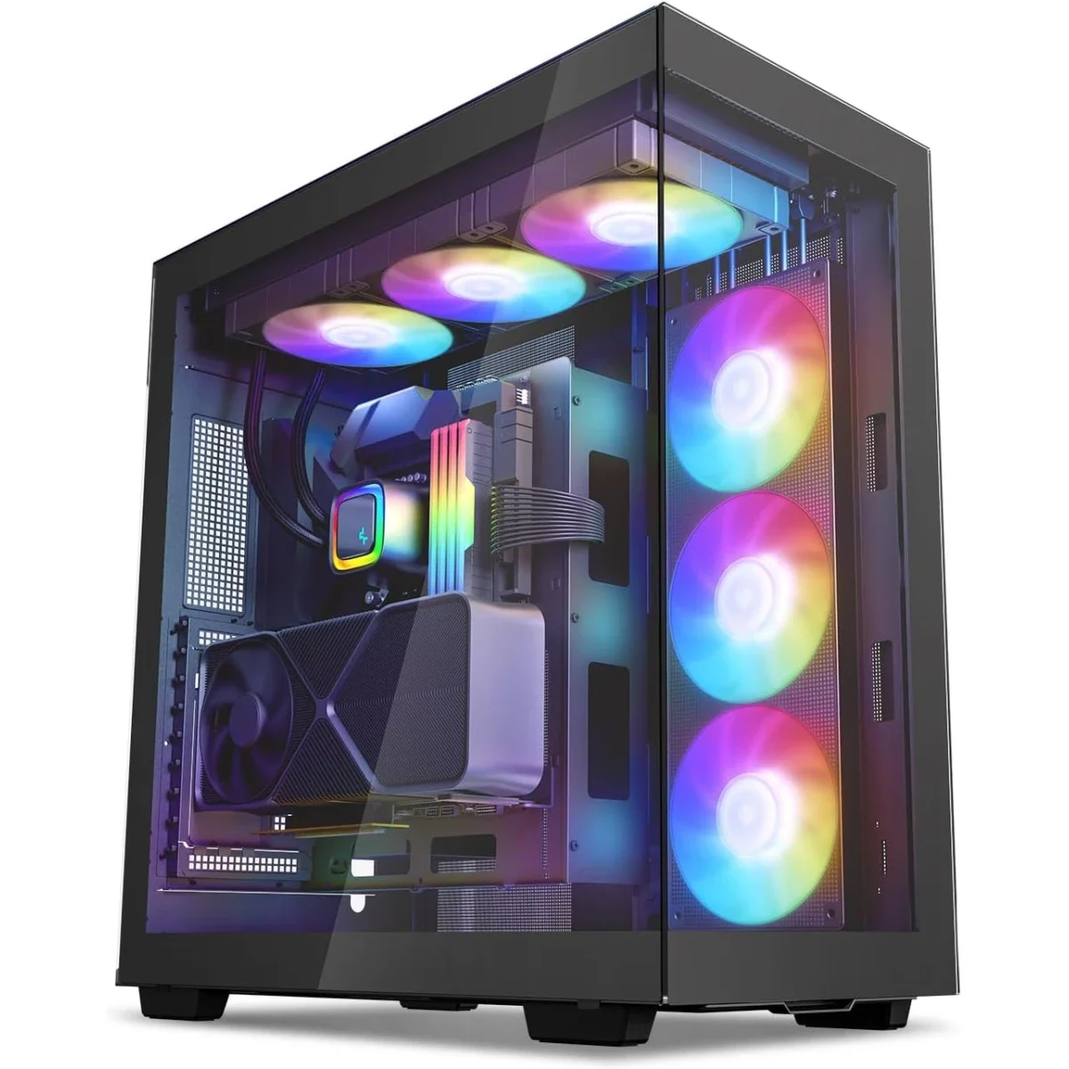هيكل كمبيوتر DeepCool CH780 ATX+ بانورامي ثنائي الحجرة Full Tower مع كابل Riser Gen 4 و3 مراوح Trinity 140mm ARGB - أسود - Image 1
