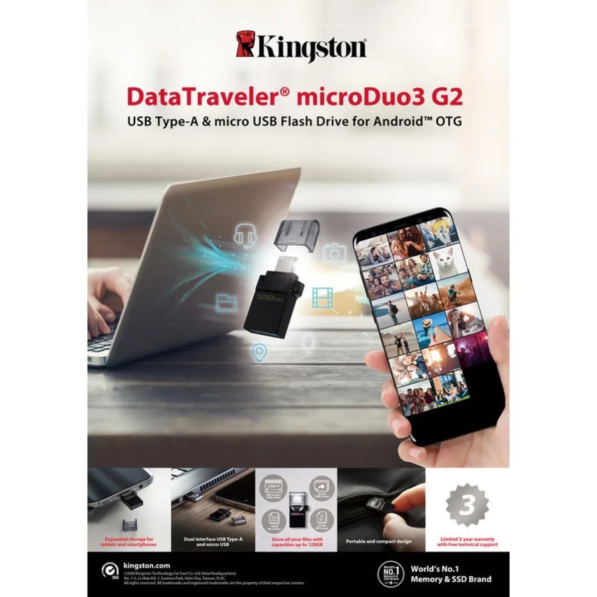 Kingston DataTraveler microDuo3 G2 128GB USB OTG Flash Drive with microUSB & USB Type-A - Thumbnail 3