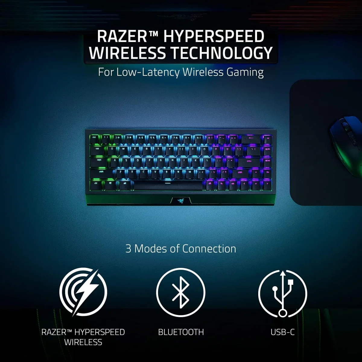كيبورد ألعاب Razer BlackWidow V3 Mini HyperSpeed لاسلكي ميكانيكي 65% بسويتشات خضراء - Thumbnail 3