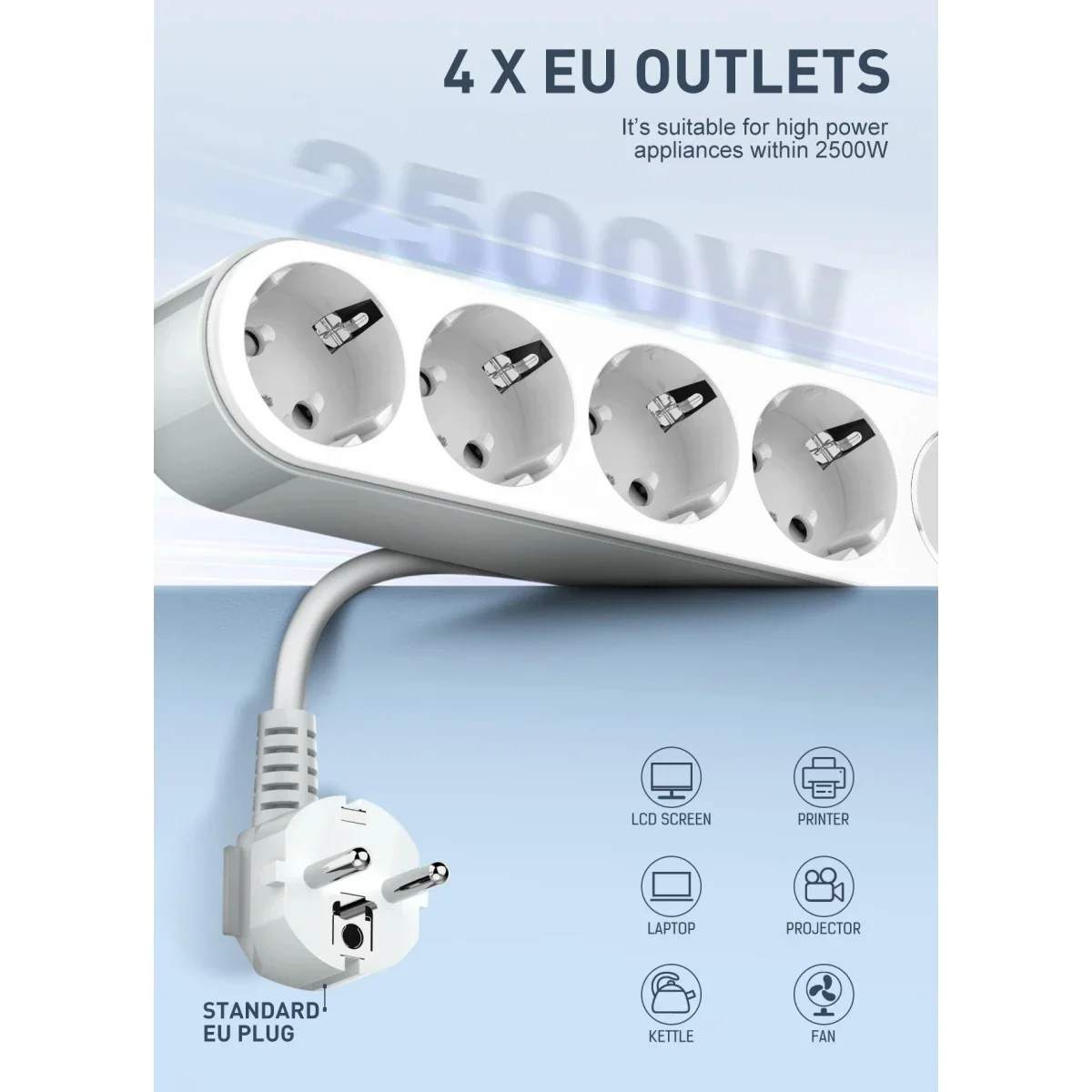 LDNIO SE1-C 20W PD Power Strip with 4 EU Outlets and 4 USB Ports - White - Thumbnail 2