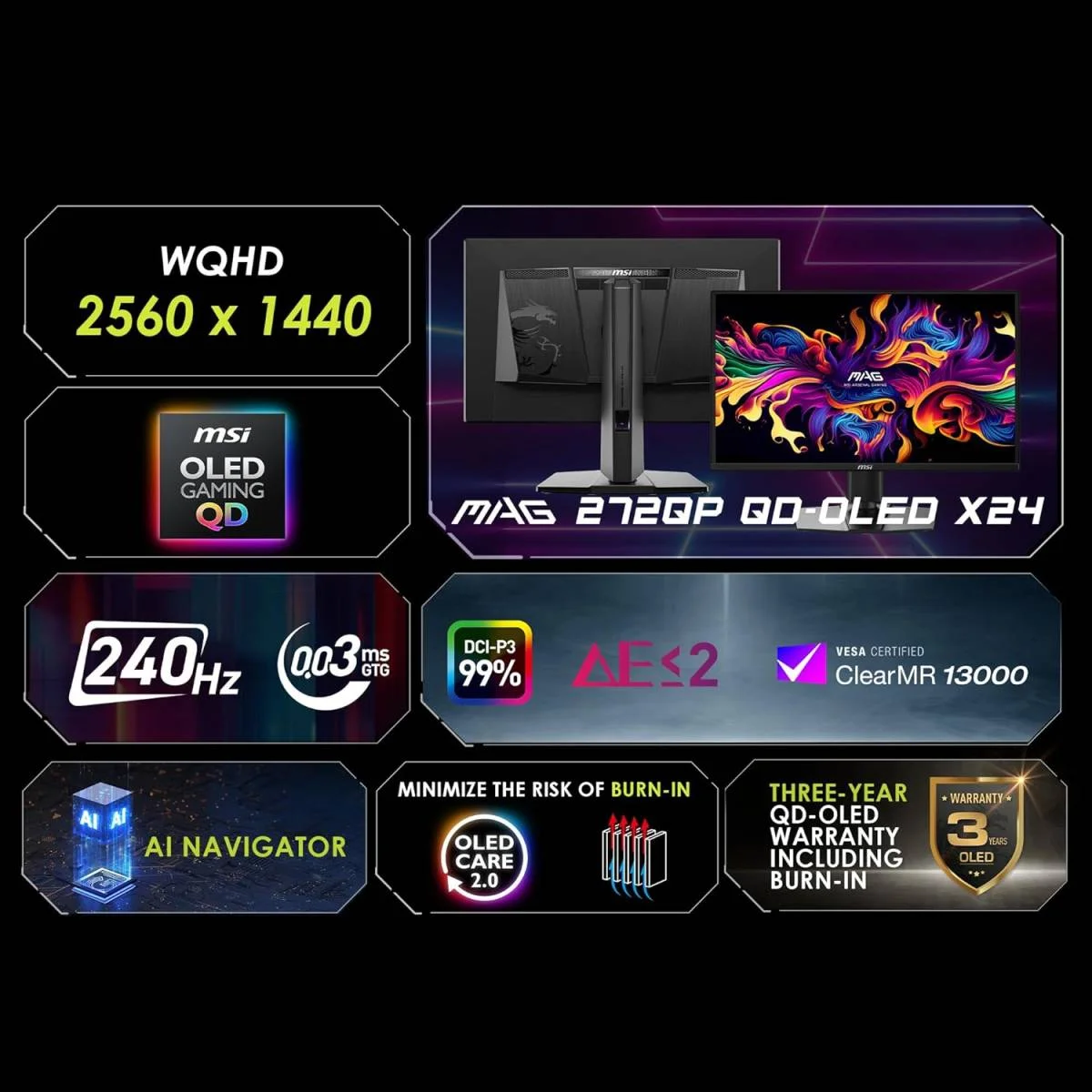 MSI 27-inch WQHD 2K Gaming Monitor, 240Hz, 0.03ms, HDR400, G-SYNC/FreeSync, USB-C 15W PD, Wide Color Gamut – MAG 272QP QD-OLED X24 - Image 2