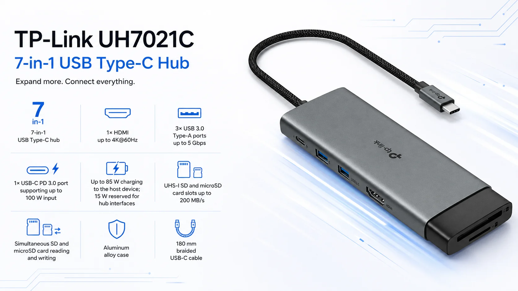 TP-LINK UH7021C 7-in-1 USB-C Hub with 100W PD, 4K 60Hz HDMI and Card Reader - Image 11