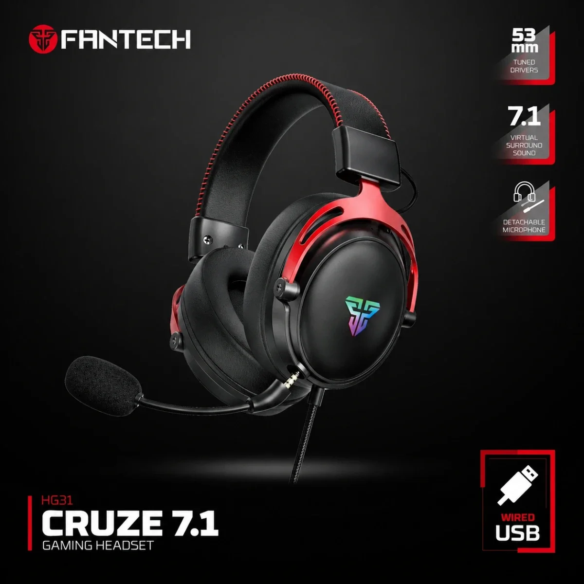 سماعة رأس ألعاب Fantech سلكية USB-A بإضاءة RGB CRUZE 7.1 HG31 - Thumbnail 2