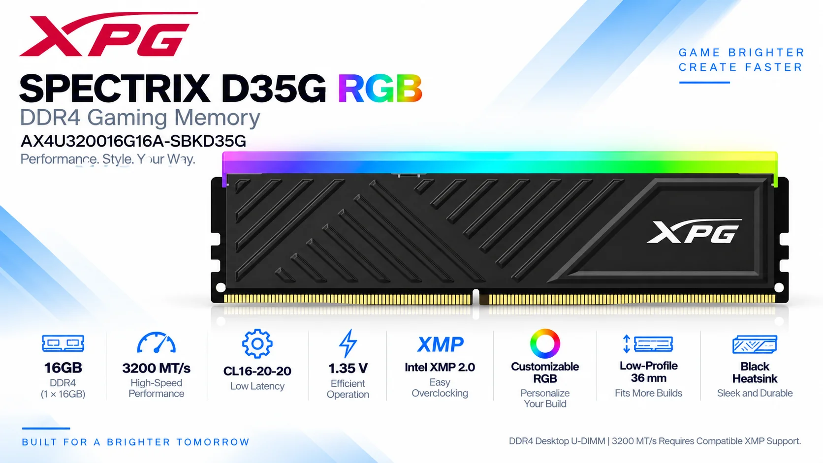رام مكتبي ADATA XPG SPECTRIX D35G RGB بسعة 16GB DDR4-3200 CL16 – أسود - Thumbnail 4