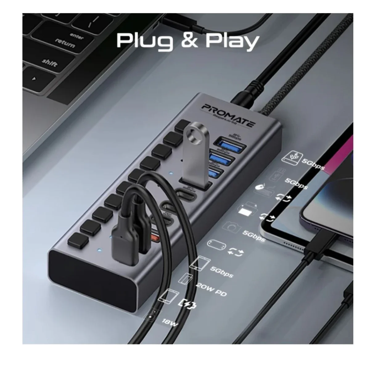 موزع منافذ USB-C متعدد 7 في 1 Promate GegaHub-10G بسرعه نقل 10Gbps و20W PD