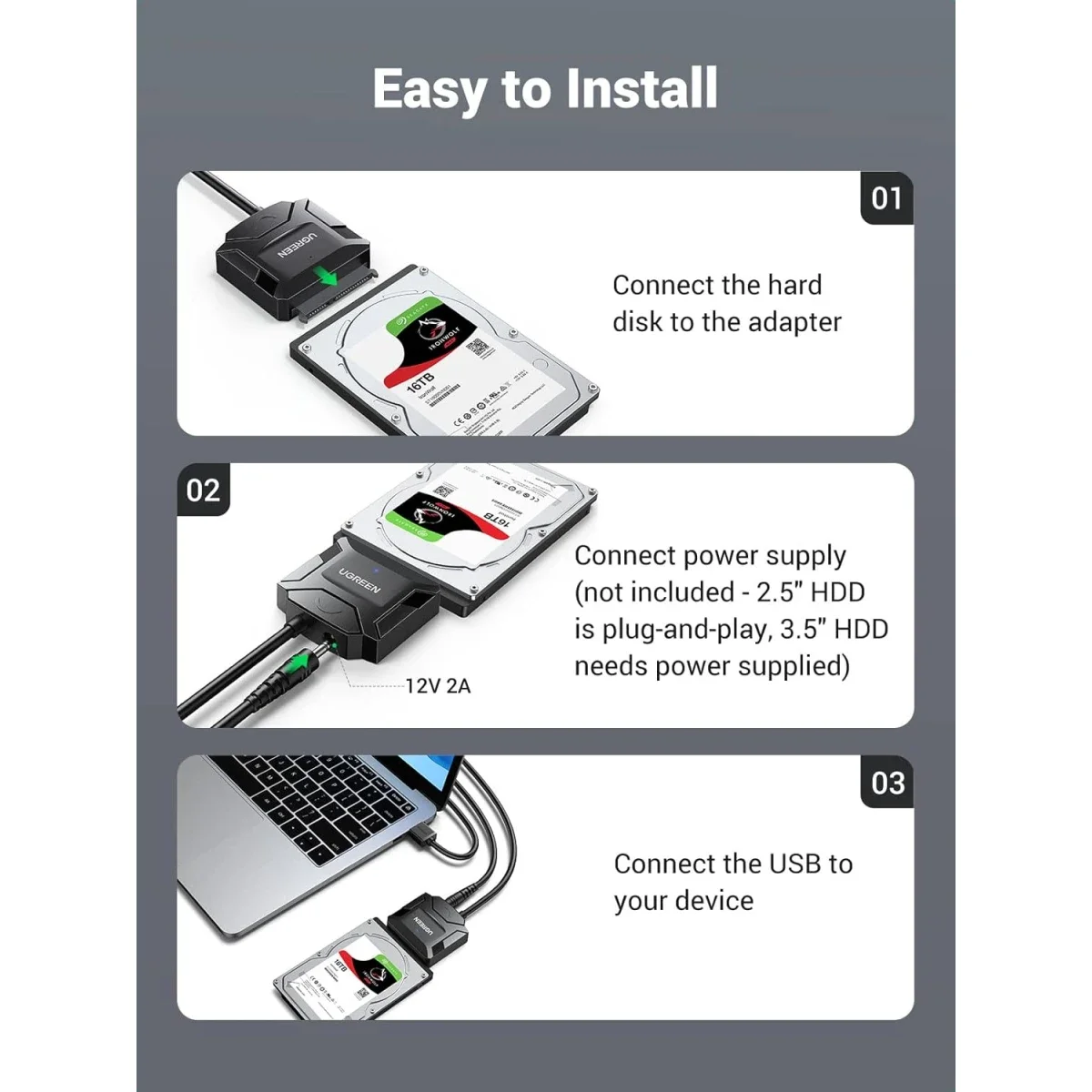 Ugreen 20611 USB 3.0 to SATA Converter Cable for 2.5/3.5-Inch HDD & SSD with EU Power Adapter - Thumbnail 7