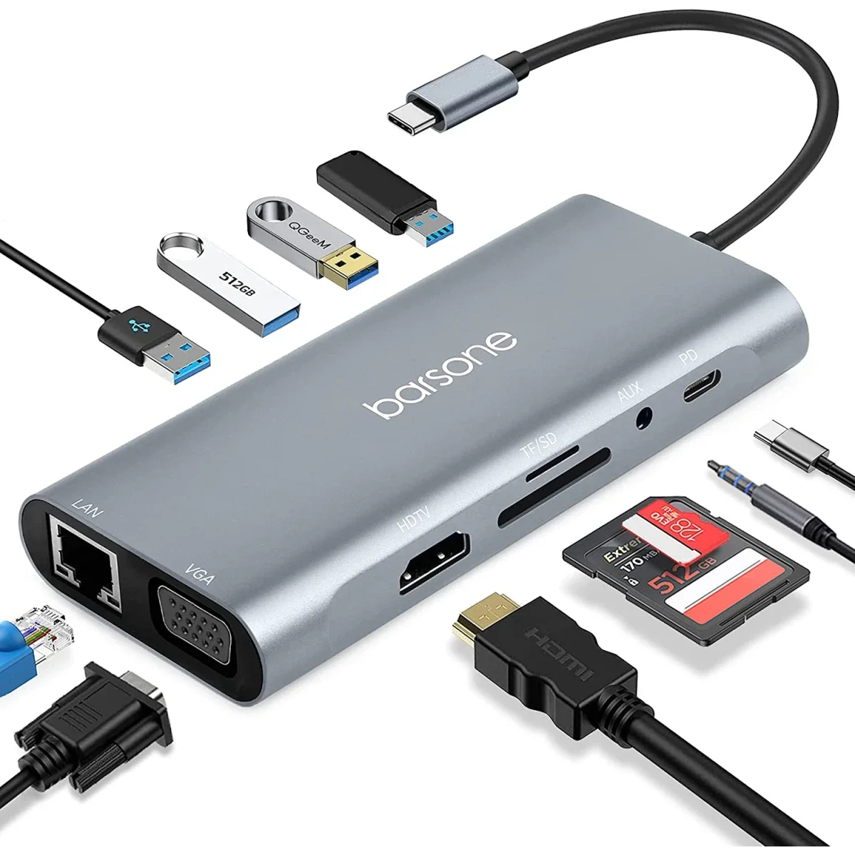 USB-C Docking Station with LAN, HDMI, VGA, SD Card, Audio and 4 USB 3.0 Ports