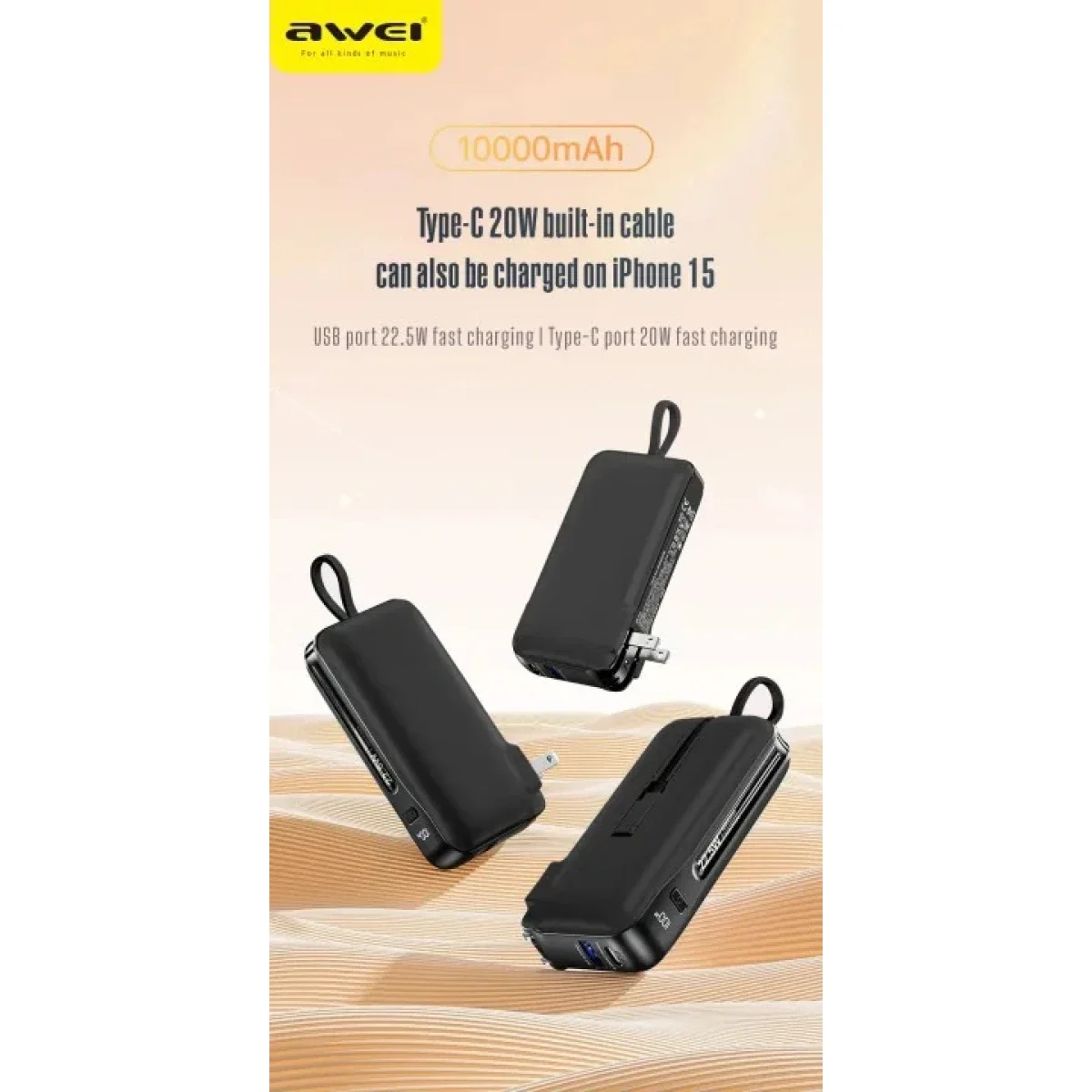 Awei P84K 10000mAh Power Bank with Built-in USB-C Cable & Plug, 22.5W Fast Charging - Thumbnail 2
