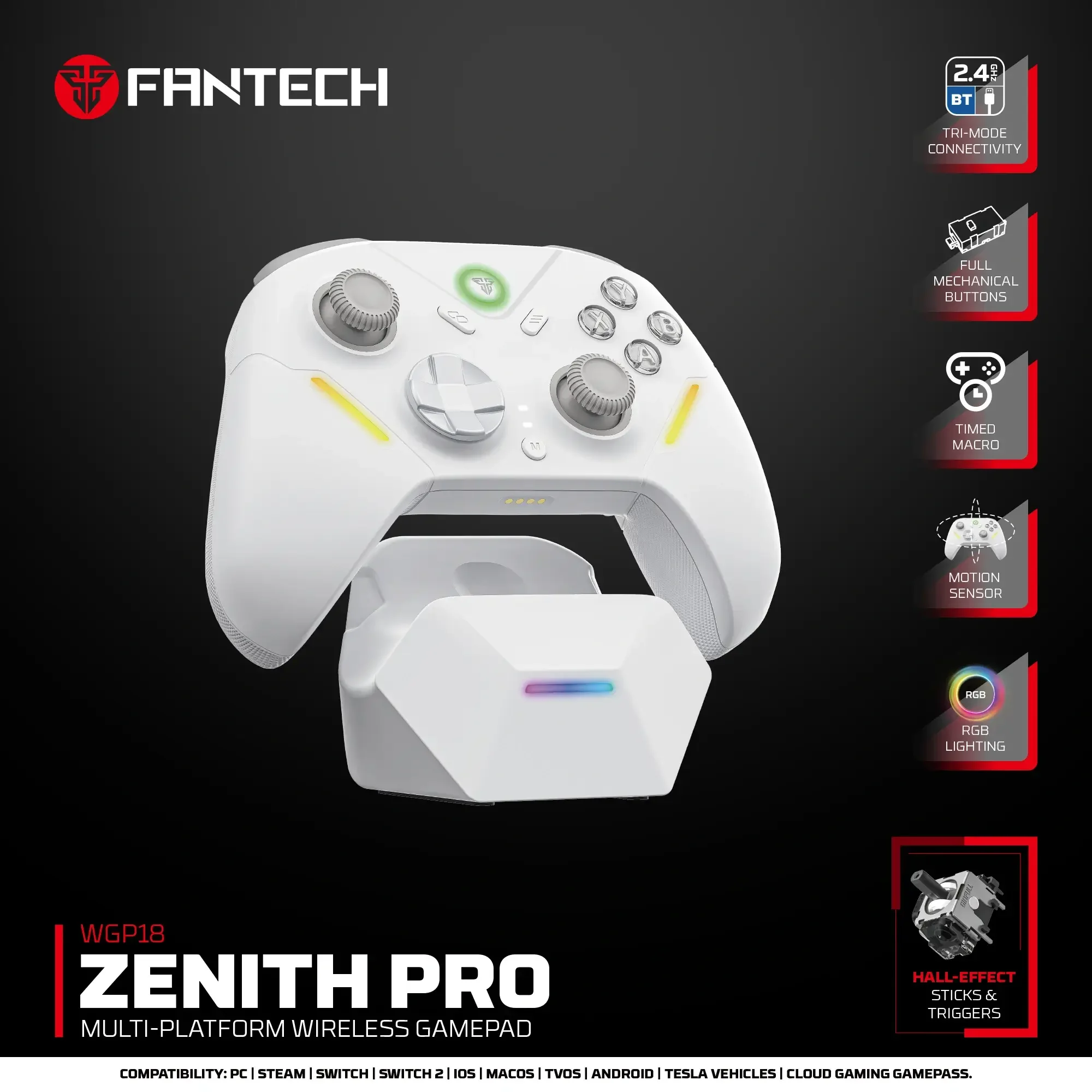 Fantech WGP18 ZENITH PRO Tri-Mode Hall-Effect RGB Mechanical Gamepad - White - Image 3