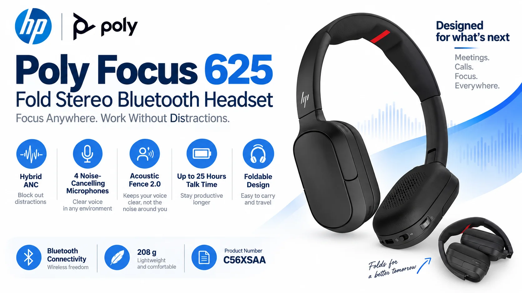 Poly Focus 625 Fold Stereo Bluetooth Headset, Hybrid ANC, 4 Noise-Cancelling Microphones, Up to 25 Hours Talk Time, Foldable - Image 14