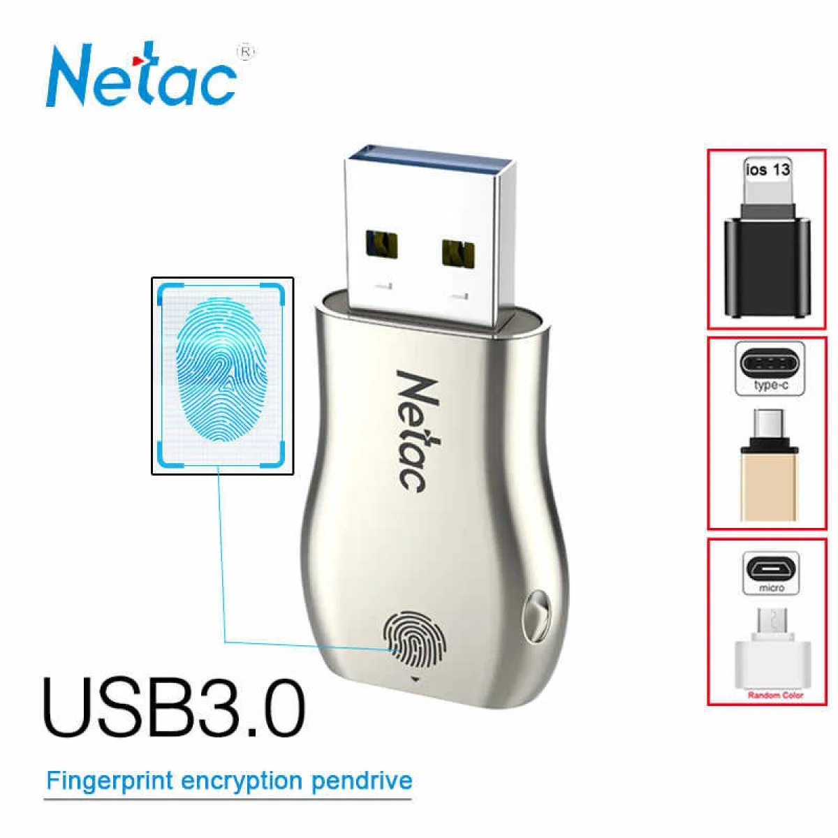 فلاش USB مشفر ببصمة الإصبع Netac بسعة 64GB وواجهة USB 3.0