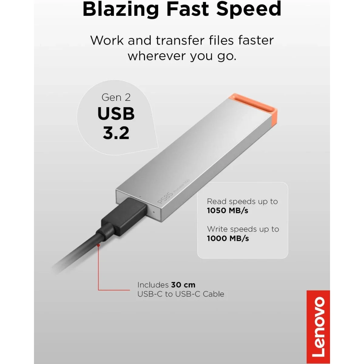 وحدة تخزين SSD محمولة Lenovo PS8S بسعة 1TB وUSB 3.2 Gen 2 - رمادي بارد - Image 3
