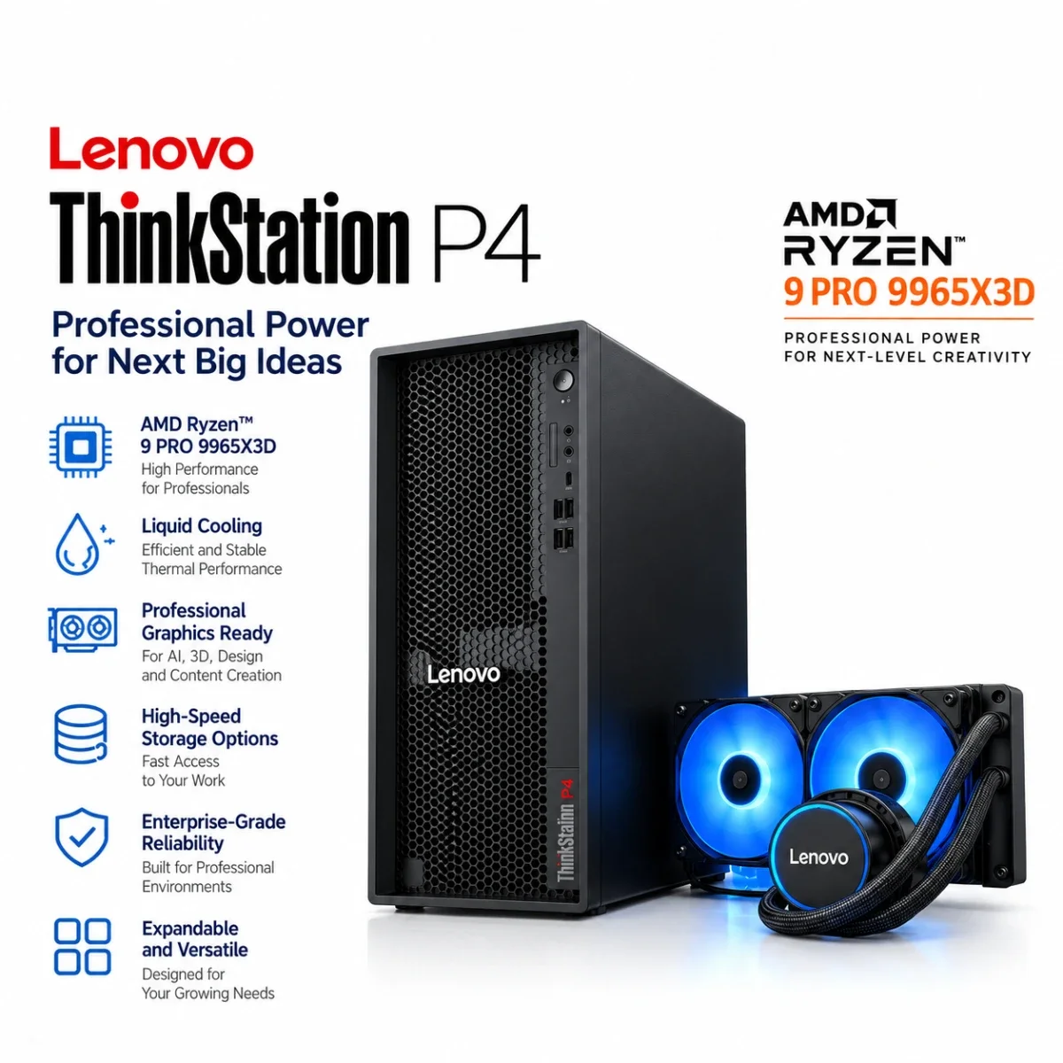 محطة عمل Lenovo ThinkSystem P4 جاهزة للذكاء الاصطناعي بمعالج AMD Ryzen 9 PRO 9965X3D، 16 نواة، حتى 5.5GHz، تبريد سائل متقدم وضمان 3 سنوات