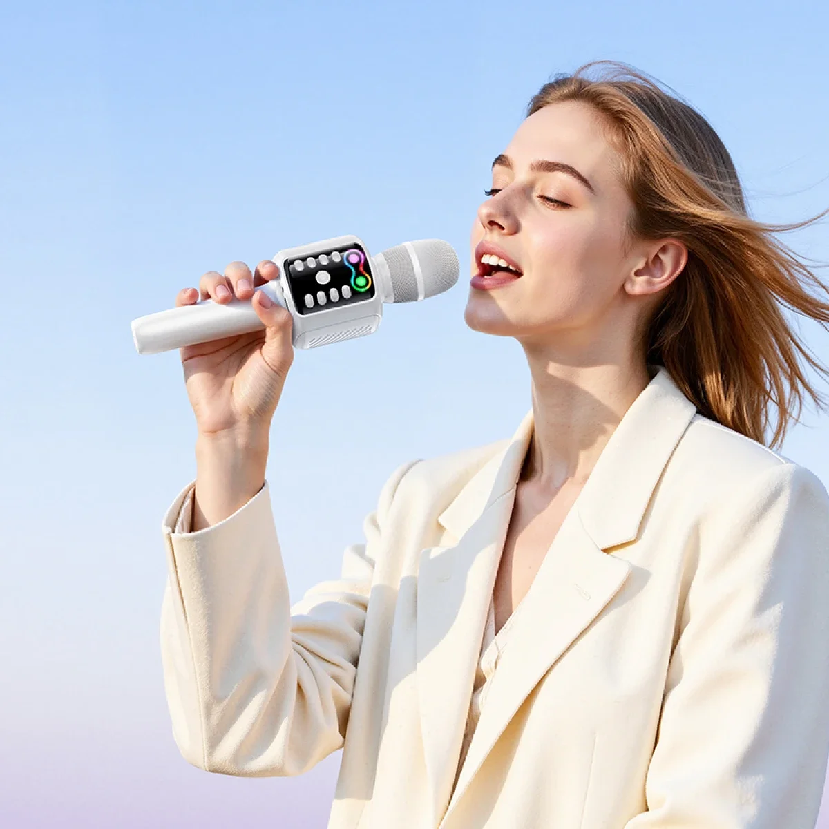 HOCO L24 Bluetooth Karaoke Microphone with Built-In Speaker, White - Thumbnail 4