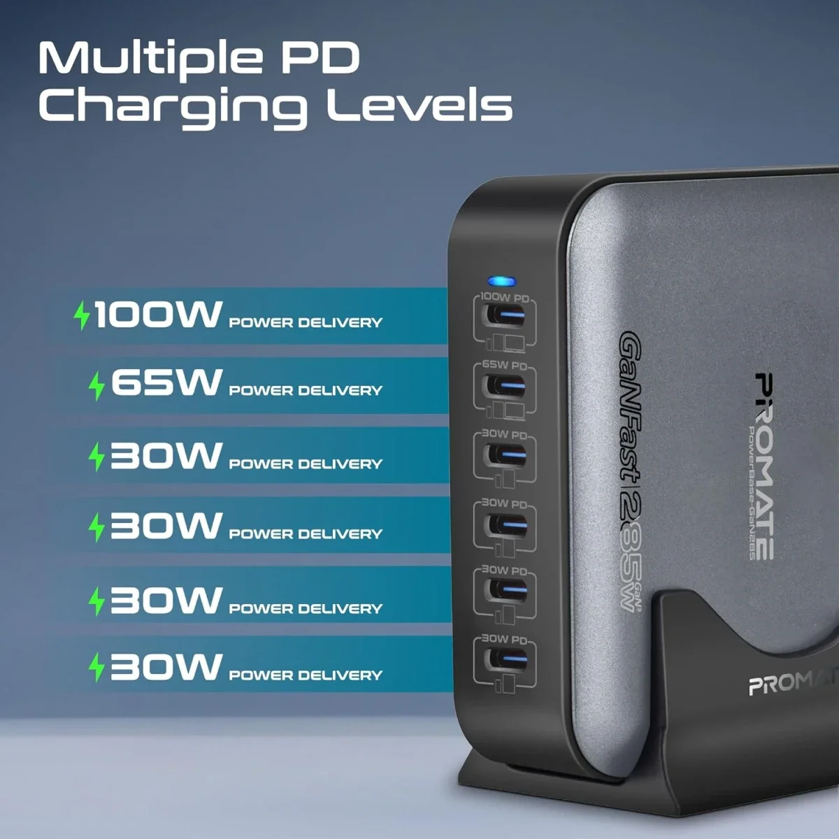 محطة شحن مكتبية Promate PowerBase-GaN285 بتقنية GaN بقدرة 285 واط و6 منافذ USB-C - أسود - Thumbnail 2