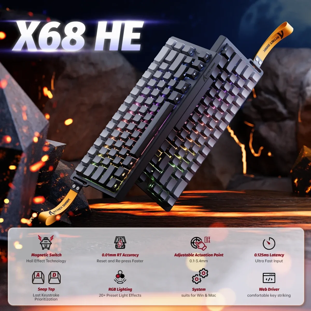 كيبورد ألعاب ATTACK SHARK X68 HE مغناطيسي سلكي 65% مون نايت - Thumbnail 3
