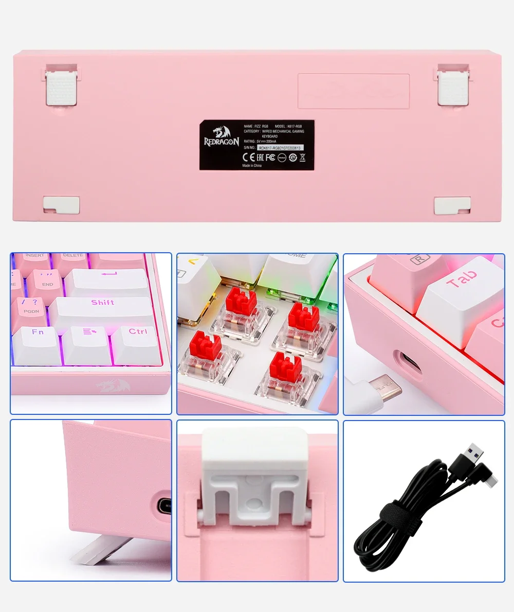 Redragon K617 Fizz RGB 60% Mechanical Gaming Keyboard, 61 Keys, Red Switches, Black - Thumbnail 18