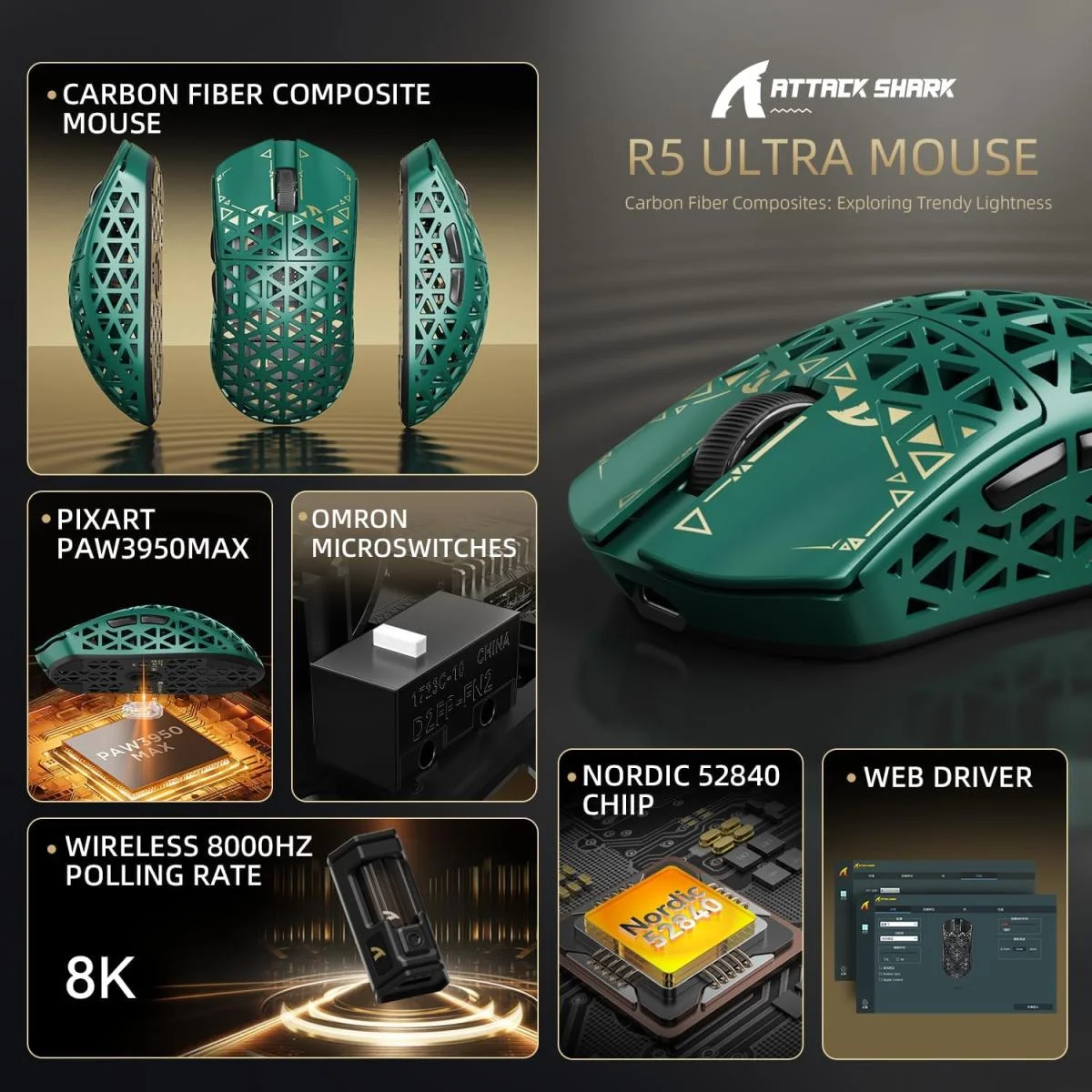 ATTACK SHARK R5Ultra 8K Wireless Gaming Mouse, 42000 DPI, Green - Image 3