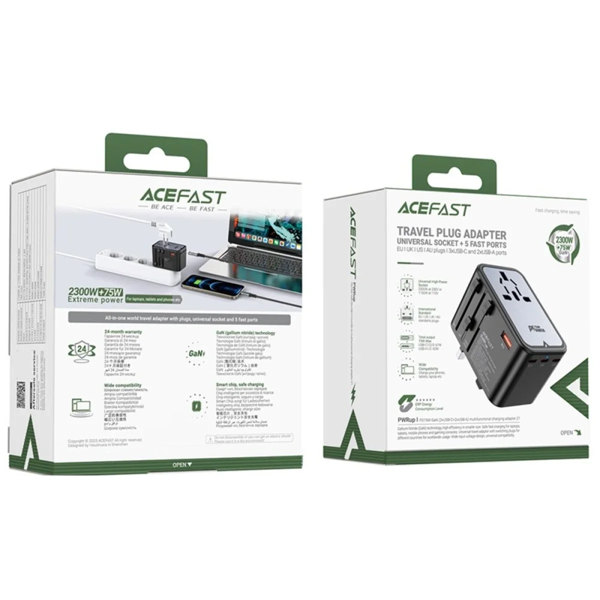 ACEFAST Z1 75W GaN Travel Charger with 3 USB-C, 2 USB-A & Universal Plugs