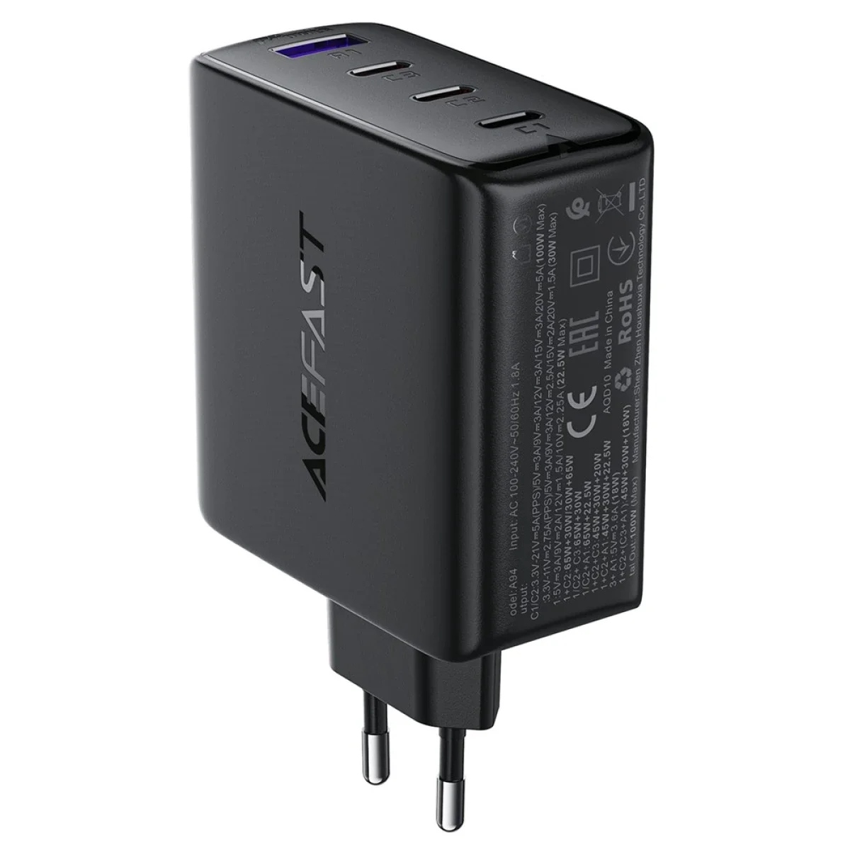 شاحن جداري ACEFAST A94 بقوة 100 واط GaN وPD مع 3 منافذ USB-C ومنفذ USB-A، قابس أوروبي، أسود - Thumbnail 3