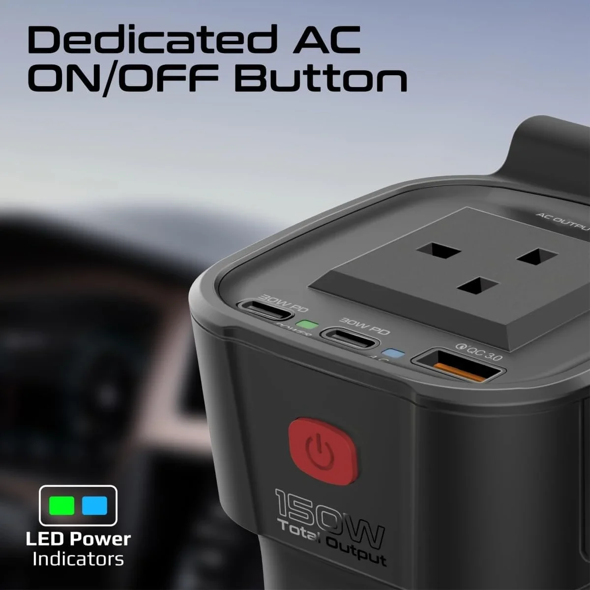 Promate Inverto-150W 4-in-1 Car Power Inverter with 150W AC Socket, Dual PD 30W USB-C & QC 18W USB-A - Black - Image 5