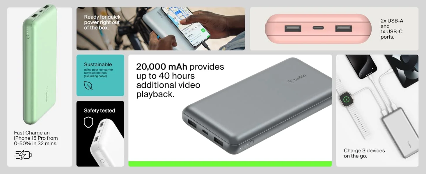 Belkin BoostCharge BPB012BTRG 20,000mAh 15W USB-C Power Bank with 2 USB-A Ports - Pink - Thumbnail 10
