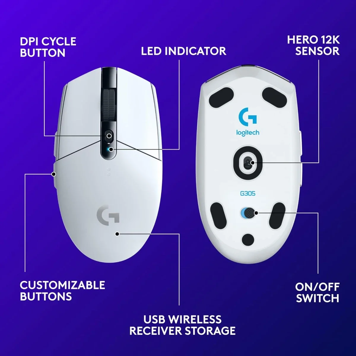 ماوس ألعاب لاسلكي Logitech G305 LIGHTSPEED بدقة 12000 DPI - أبيض - Thumbnail 6