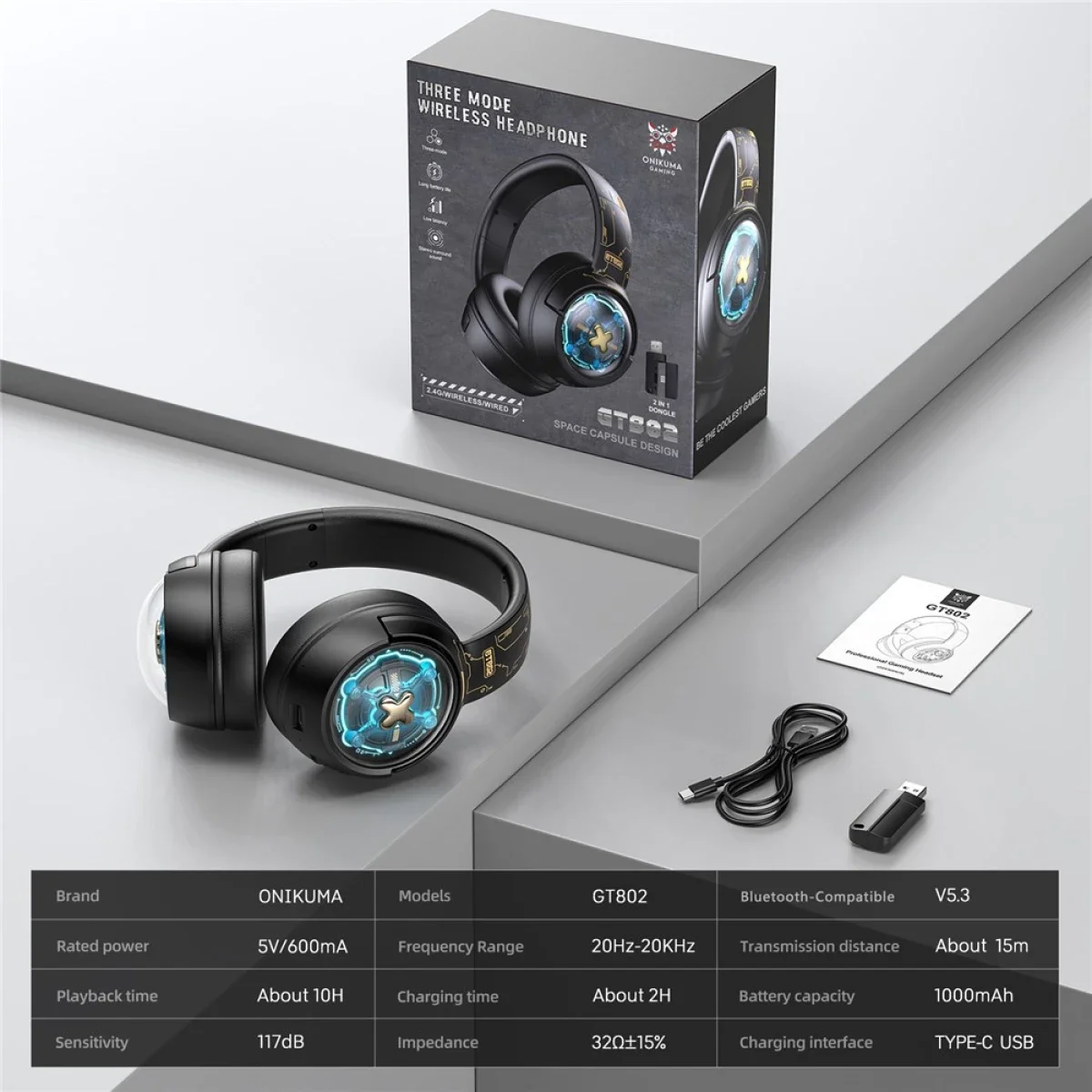 ONIKUMA GT802 Triple-Mode Wireless Gaming Headset with RGB Light, 60-Hour Battery - Black - Image 9