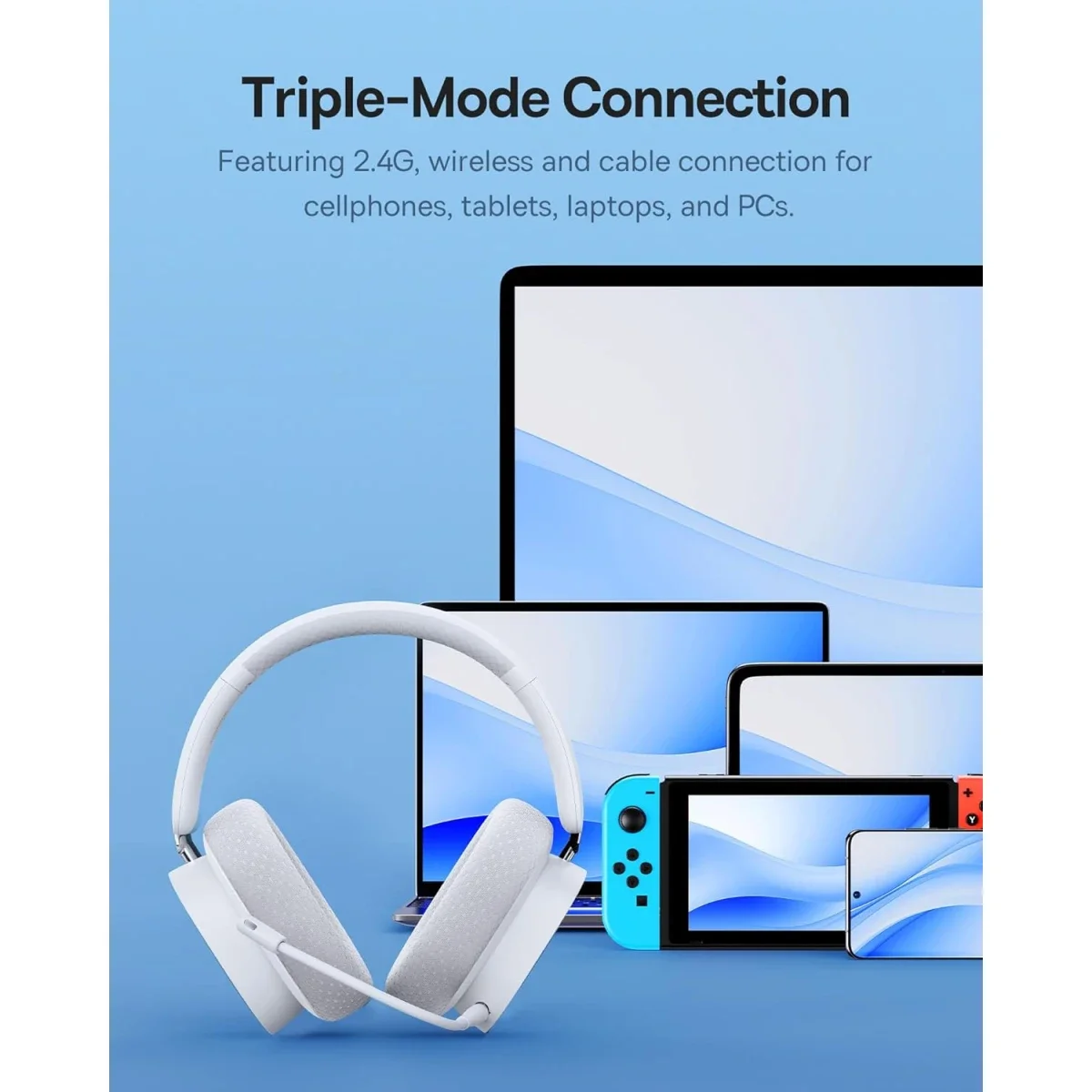 Baseus GH02 Wireless Gaming Headphones with ANC, RGB, 40mm Drivers and 40-Hour Playtime - White - Thumbnail 2