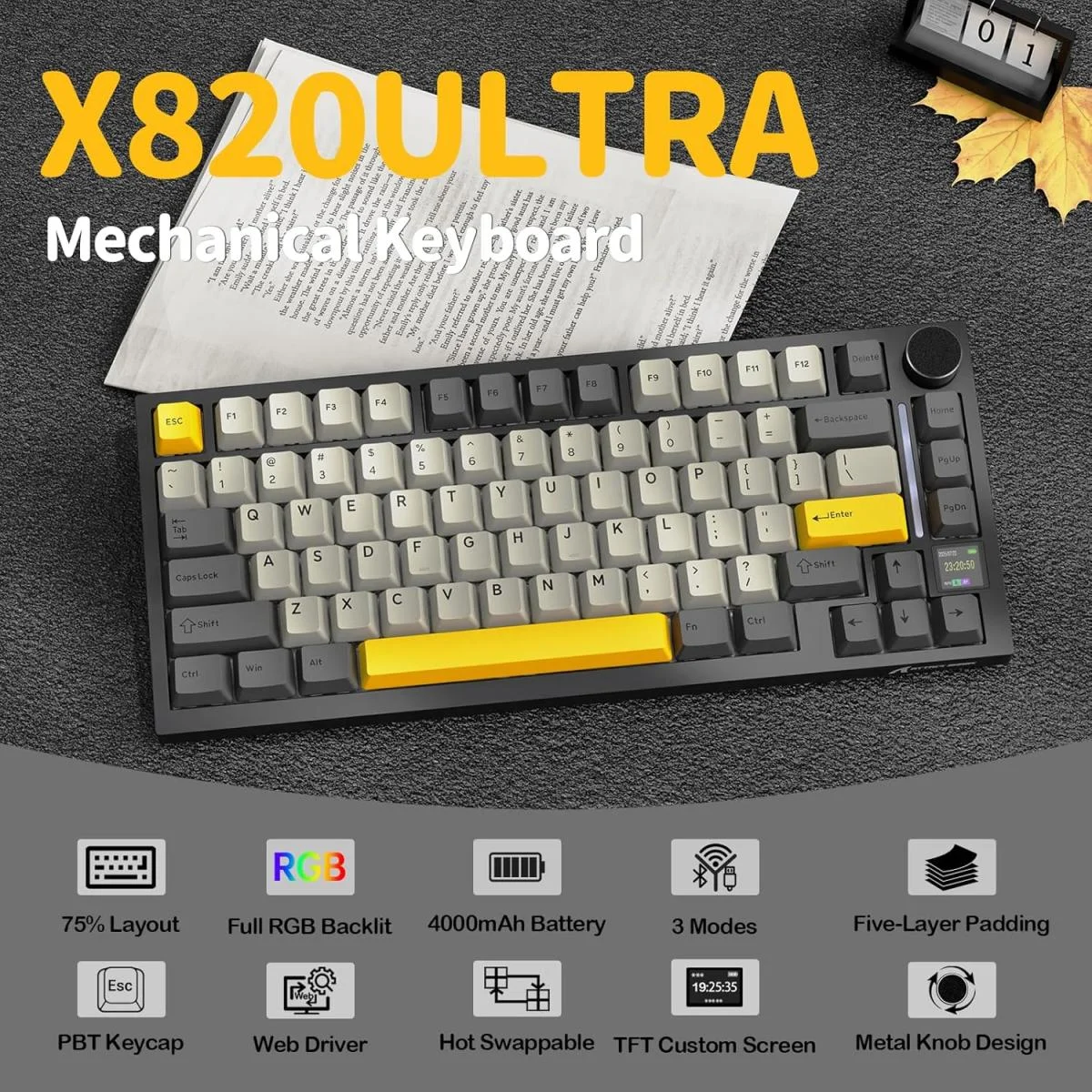 لوحة مفاتيح ألعاب ميكانيكية ATTACK SHARK X820 Ultra لاسلكية 75% مع شاشة TFT - Star Black - Image 3