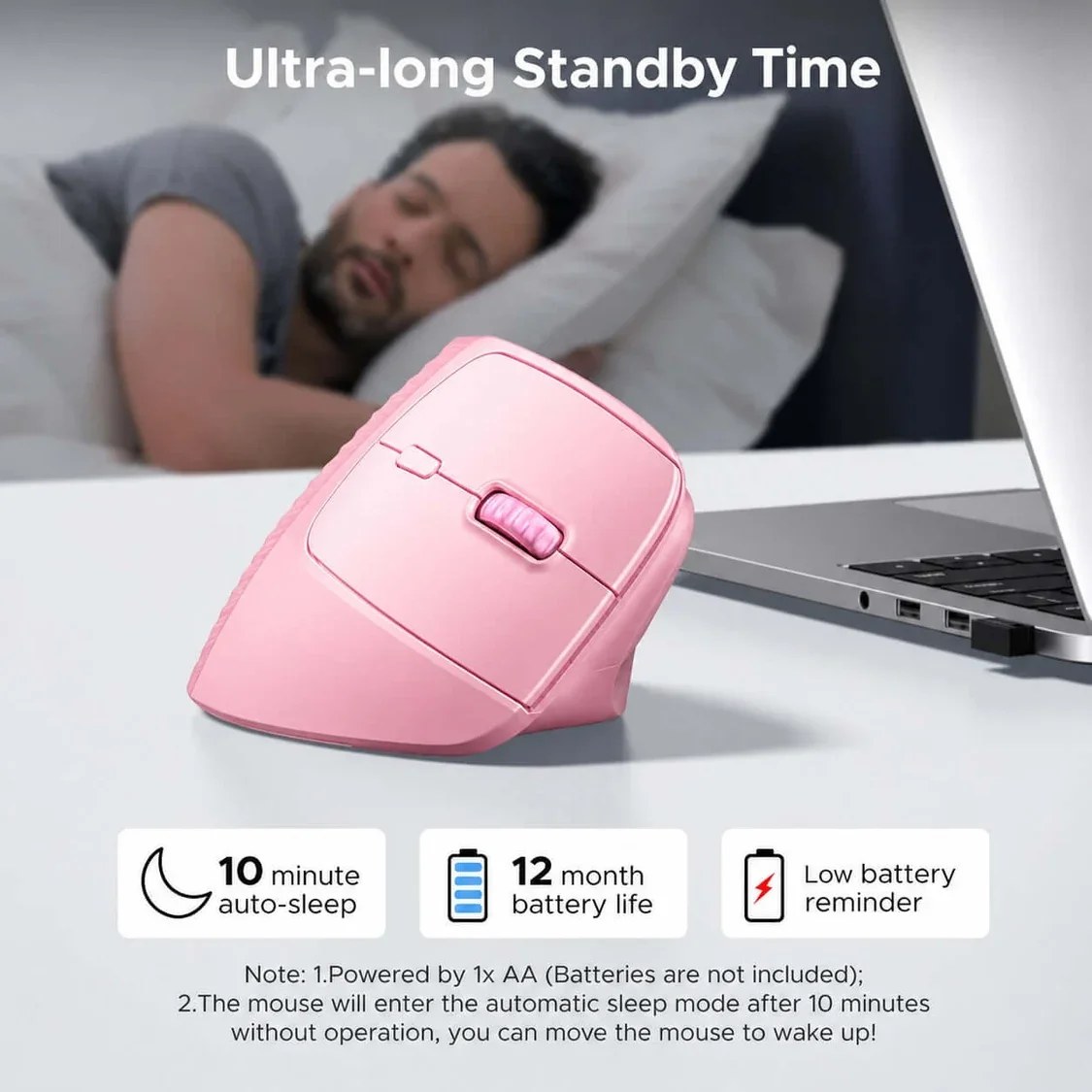 Ugreen 65666 Ergonomic Vertical Wireless Mouse, Bluetooth & 2.4G, 4000 DPI, Pink - Thumbnail 2
