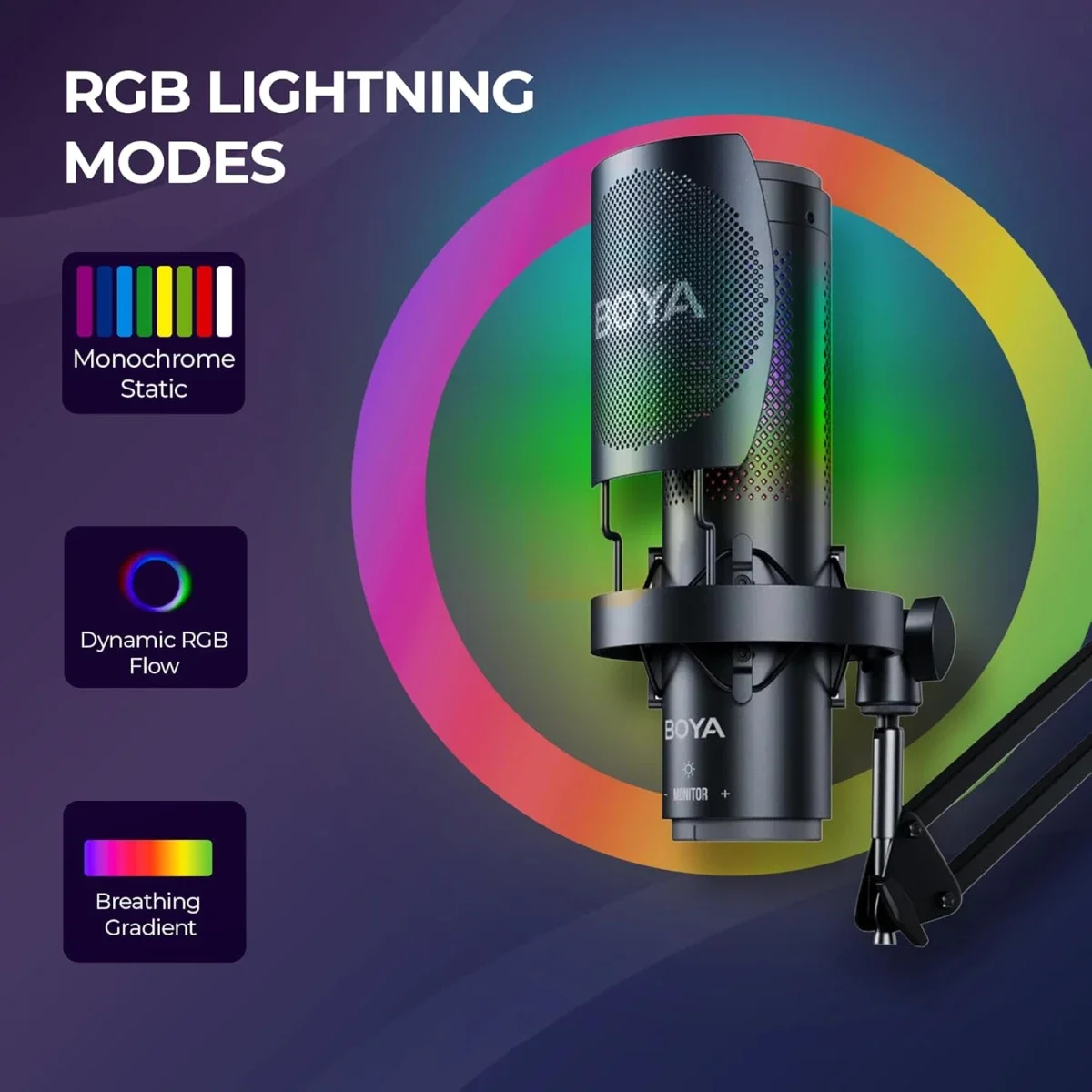 ميكروفون مكثف للألعاب Boya K9 RGB USB-C مع طقم فلتر بوب وحامل مضاد للصدمات - أسود - Image 3