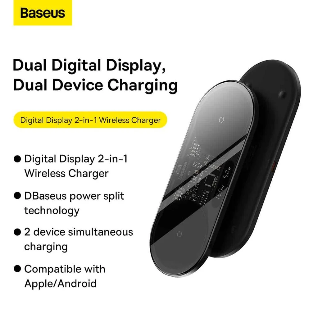 Baseus Digital LED Display 2-in-1 20W Wireless Charger Black with USB-C Cable - Thumbnail 8
