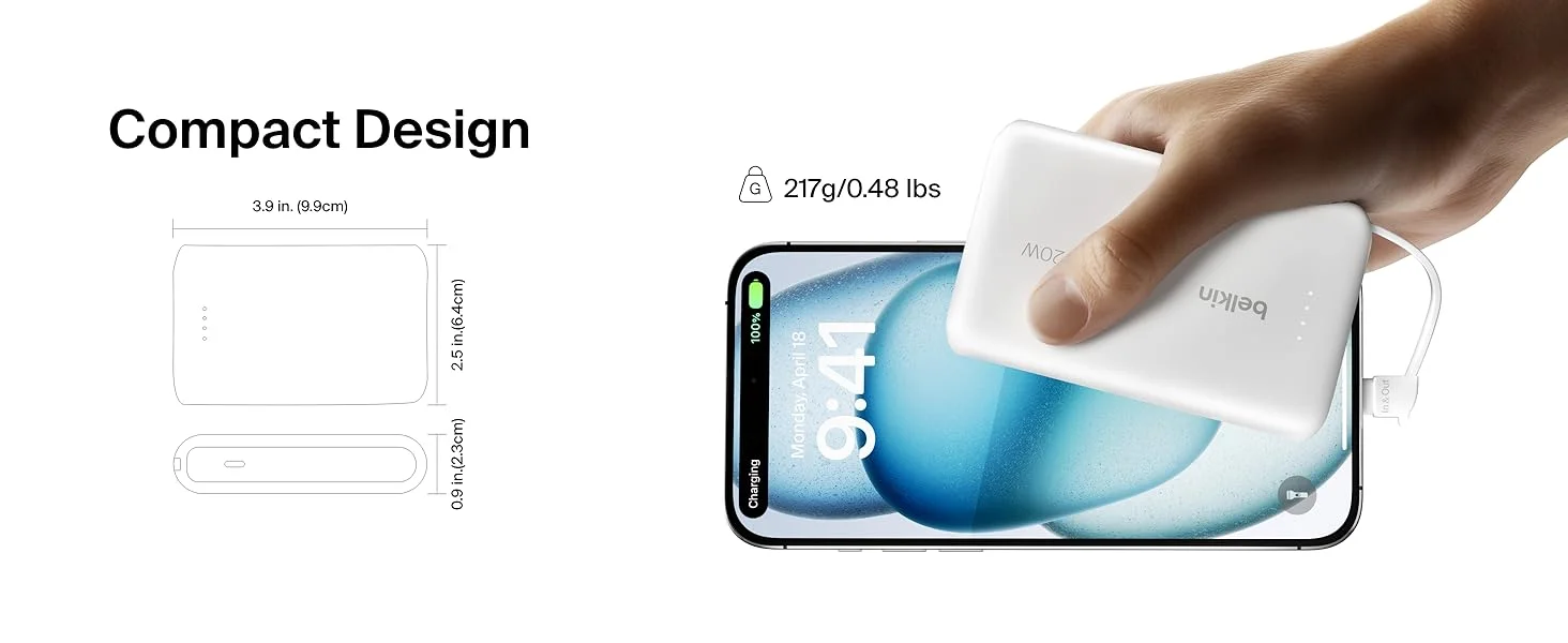 بطارية محمولة Belkin BoostCharge بسعة 10000mAh مع كابل USB-C مدمج وشحن PD بقدرة 20W - أبيض - Thumbnail 12